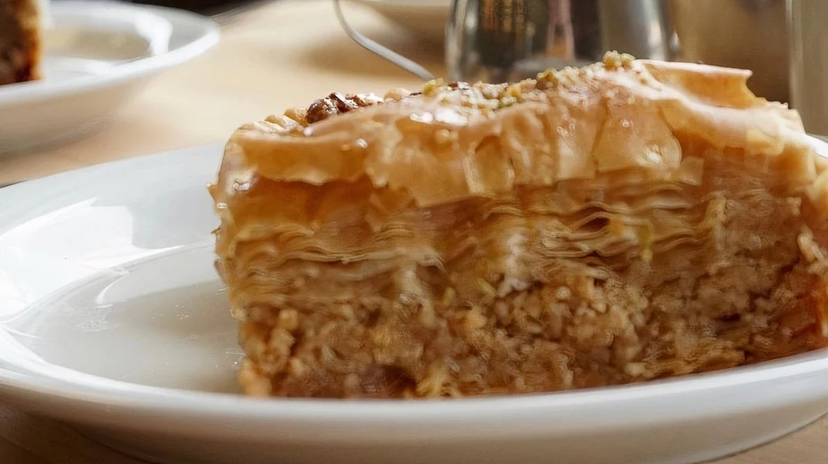 Layers of pastry and chopped nuts in a slice of baklava
